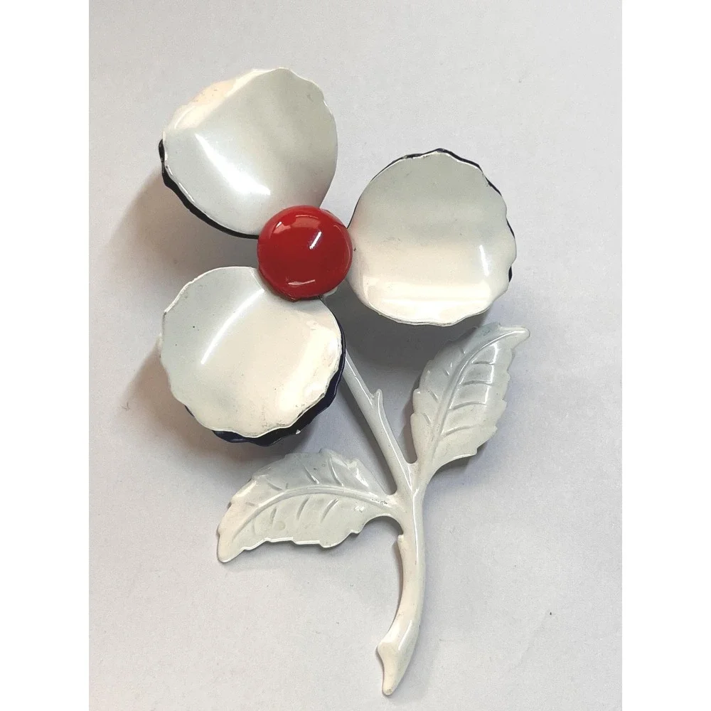 Vintage 60s Patriotic Floral‎ Red White Blue Enameled Pin 3.75